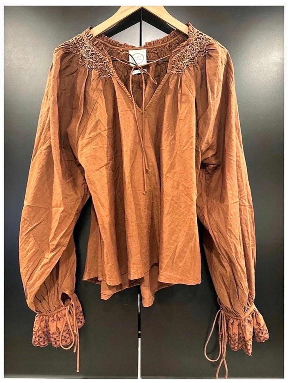 Kinga Csilla Brown Cotton
Smocked Eyelet Lace Balloon
Sleeve Blouse Top US 4